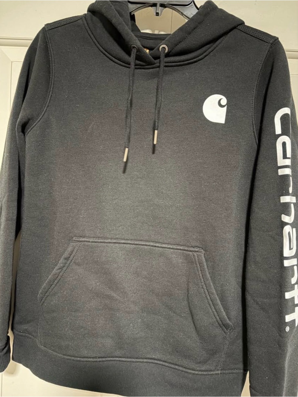 Carhartt Black Pullover Hoodie with White Logo and Sleeve Script